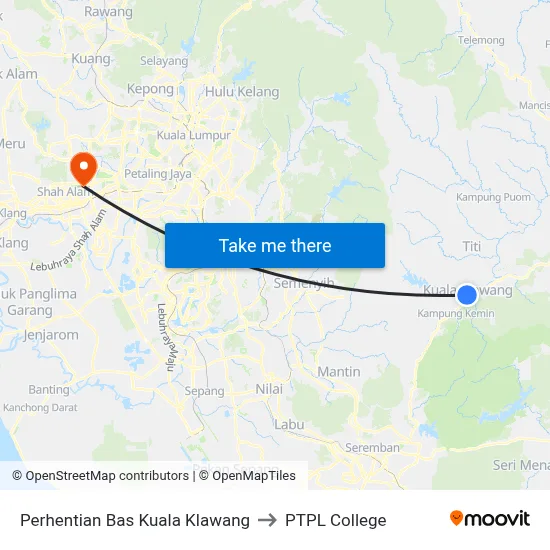 Perhentian Bas Kuala Klawang to PTPL College map