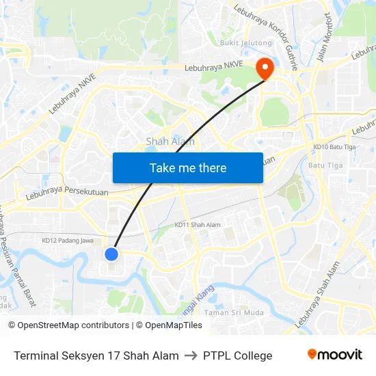 Terminal Seksyen 17 Shah Alam to PTPL College map