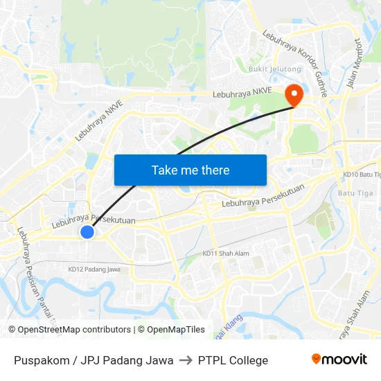 Puspakom / JPJ Padang Jawa to PTPL College map