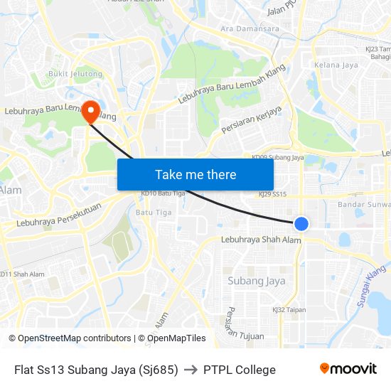 Flat Ss13 Subang Jaya (Sj685) to PTPL College map