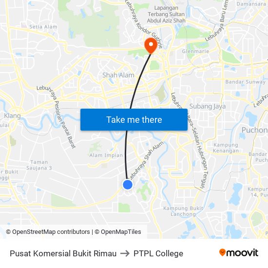 Pusat Komersial Bukit Rimau to PTPL College map