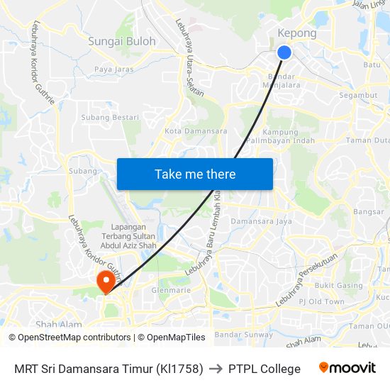 MRT Sri Damansara Timur (Kl1758) to PTPL College map