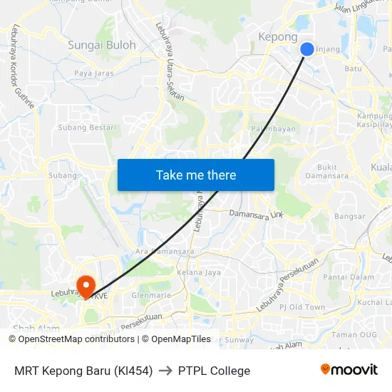 MRT Kepong Baru (Kl454) to PTPL College map