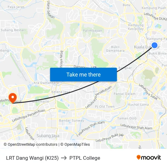 LRT Dang Wangi (Kl25) to PTPL College map