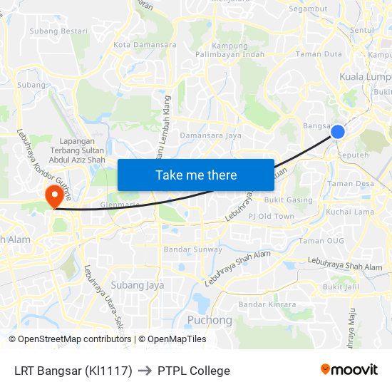 LRT Bangsar (Kl1117) to PTPL College map