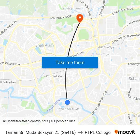 Taman Sri Muda Seksyen 25 (Sa416) to PTPL College map