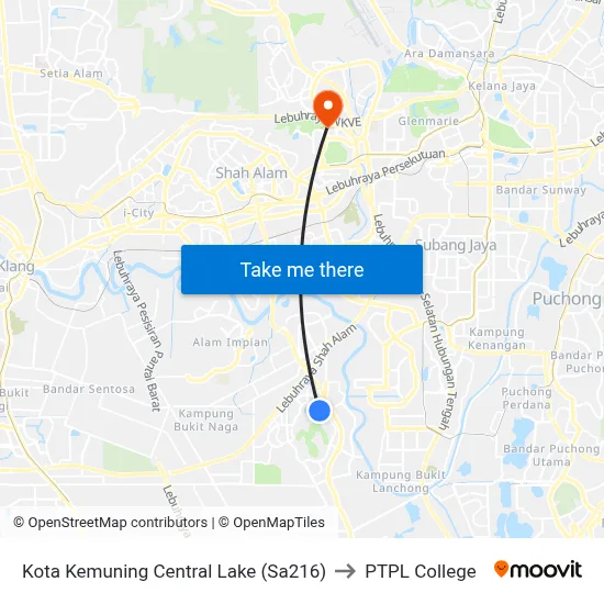 Kota Kemuning Central Lake (Sa216) to PTPL College map