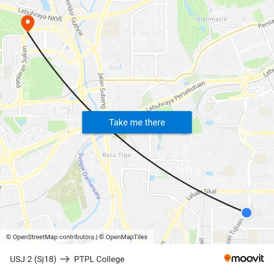 USJ 2 (Sj18) to PTPL College map