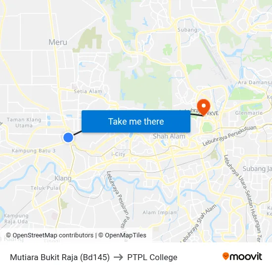 Mutiara Bukit Raja (Bd145) to PTPL College map