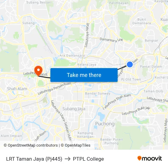 LRT Taman Jaya (Pj445) to PTPL College map