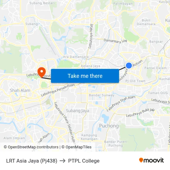 LRT Asia Jaya (Pj438) to PTPL College map