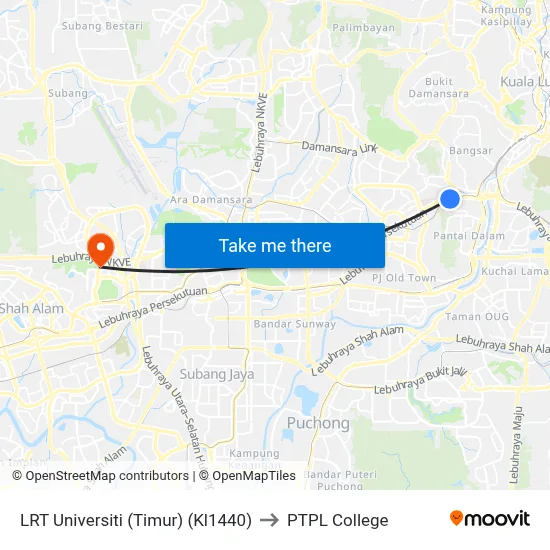 LRT Universiti (Timur) (Kl1440) to PTPL College map