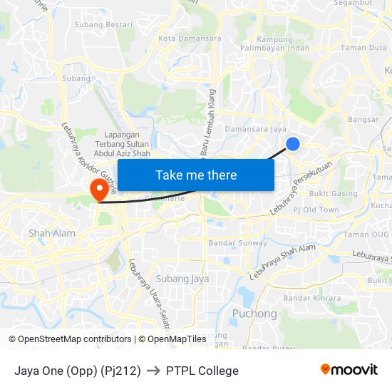 Jaya One (Opp) (Pj212) to PTPL College map