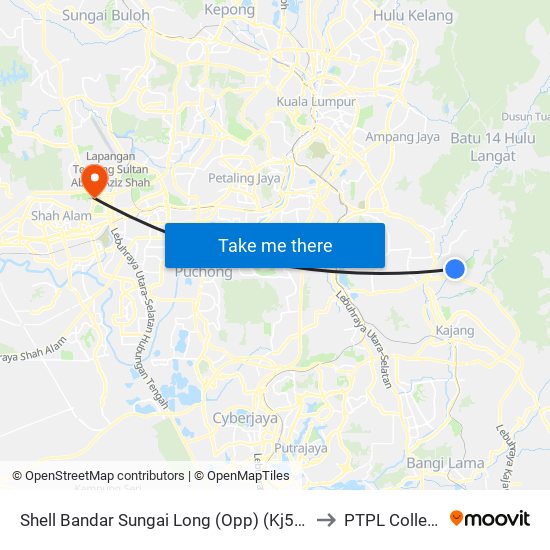 Shell Bandar Sungai Long (Opp) (Kj560) to PTPL College map