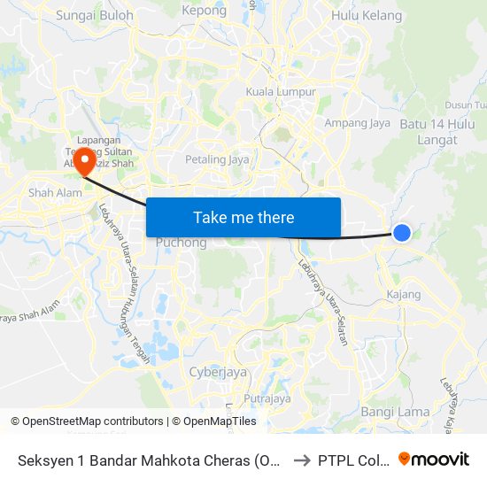 Seksyen 1 Bandar Mahkota Cheras (Opp) (Kj289) to PTPL College map