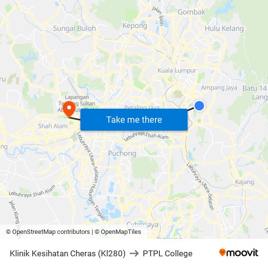 Klinik Kesihatan Cheras (Kl280) to PTPL College map