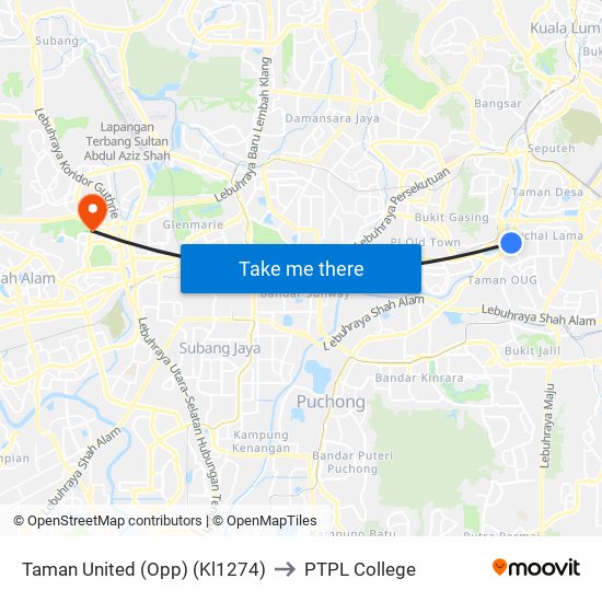 Taman United (Opp) (Kl1274) to PTPL College map