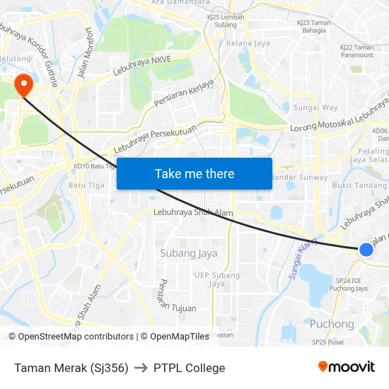 Taman Merak (Sj356) to PTPL College map