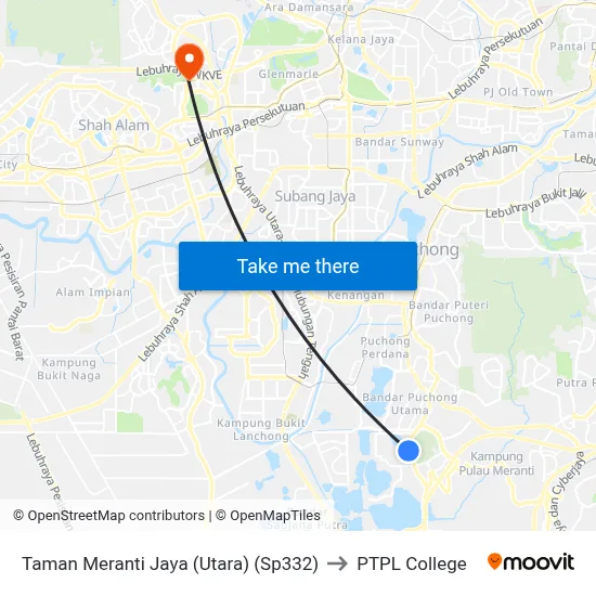 Taman Meranti Jaya (Utara) (Sp332) to PTPL College map