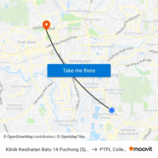 Klinik Kesihatan Batu 14 Puchong (Sj492) to PTPL College map
