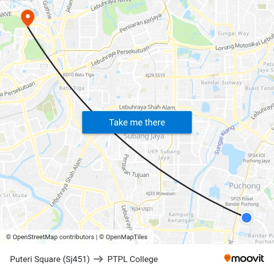 Puteri Square (Sj451) to PTPL College map