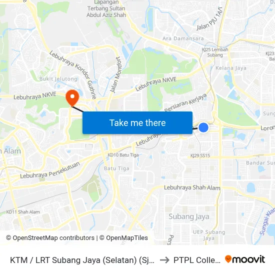 KTM / LRT Subang Jaya (Selatan) (Sj699) to PTPL College map