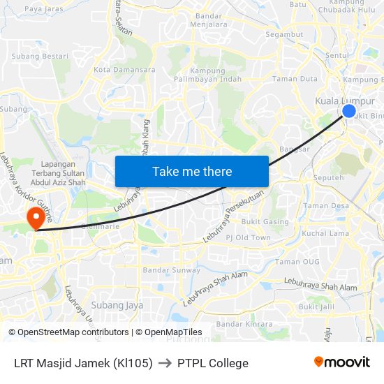 LRT Masjid Jamek (Kl105) to PTPL College map