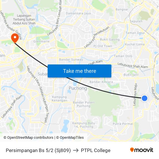 Persimpangan Bs 5/2 (Sj809) to PTPL College map