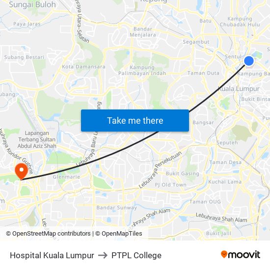 Hospital Kuala Lumpur to PTPL College map