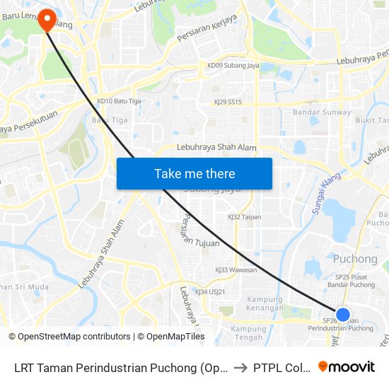 LRT Taman Perindustrian Puchong (Opp) (Sj667) to PTPL College map