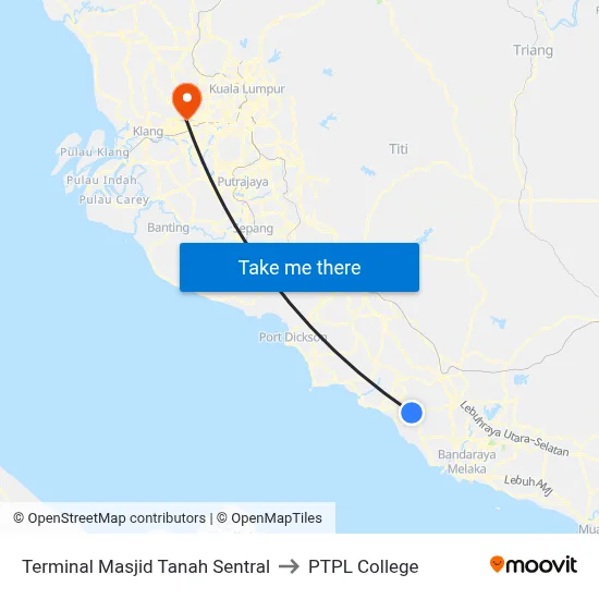 Terminal Masjid Tanah Sentral to PTPL College map