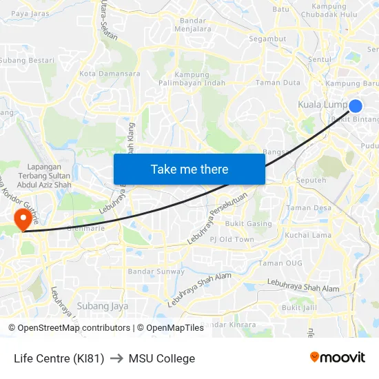 Life Centre (Kl81) to MSU College map