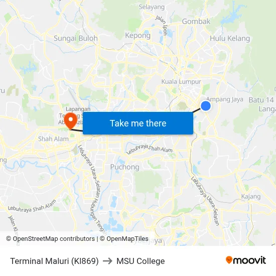 Terminal Maluri (Kl869) to MSU College map