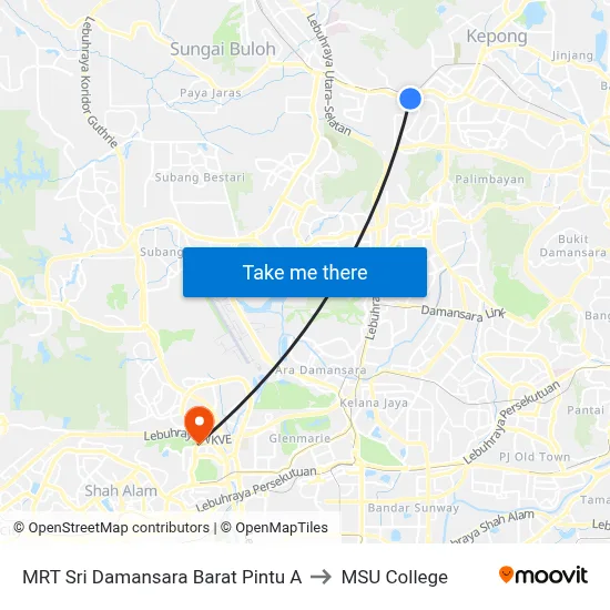MRT Sri Damansara Barat Pintu A to MSU College map
