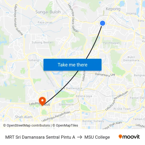 MRT Sri Damansara Sentral Pintu A to MSU College map