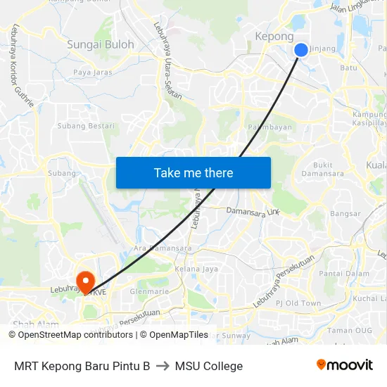 MRT Kepong Baru Pintu B to MSU College map