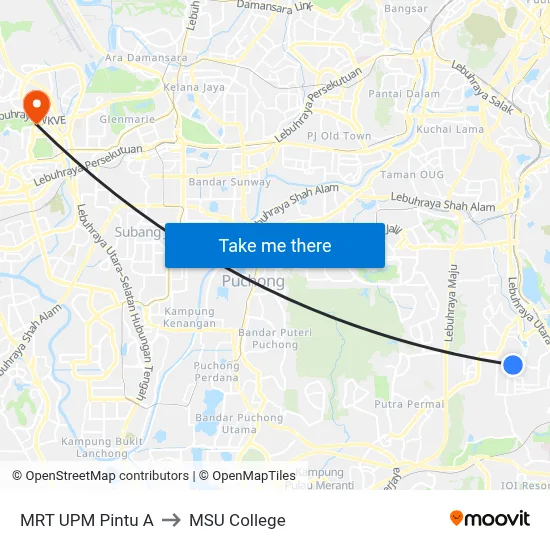 MRT UPM Pintu A to MSU College map