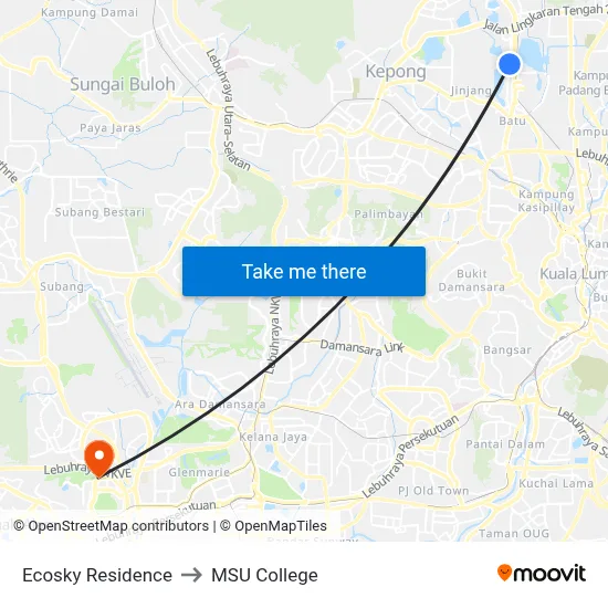 Ecosky Residence to MSU College map