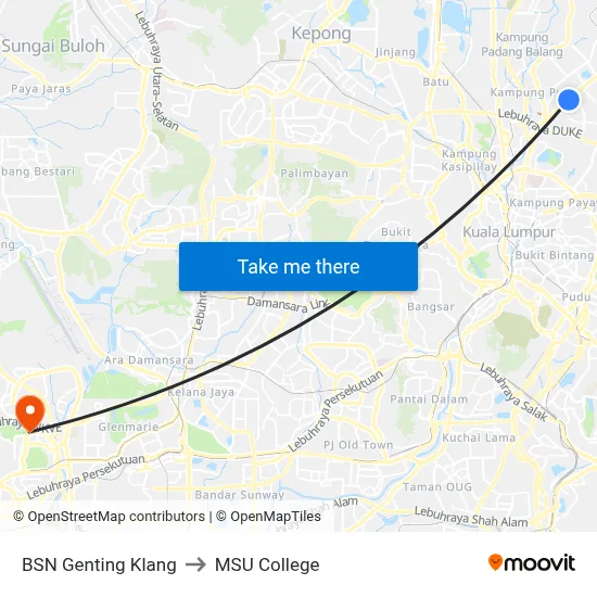 BSN Genting Klang to MSU College map