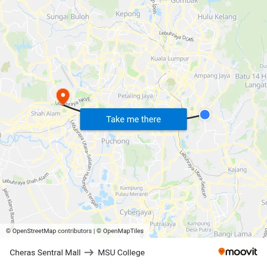 Cheras Sentral Mall to MSU College map