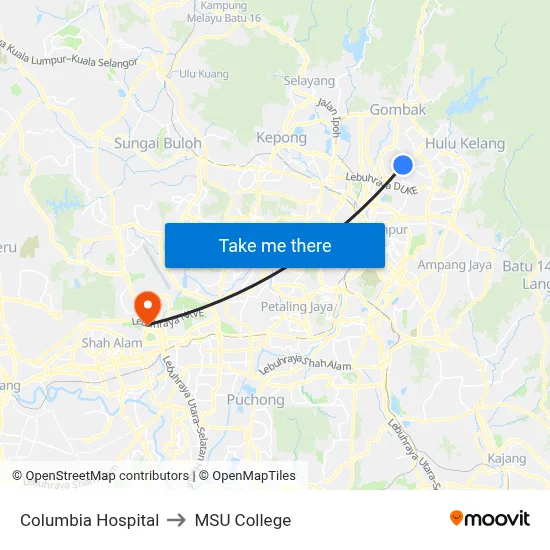 Columbia Hospital to MSU College map