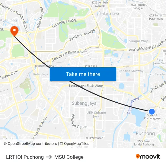 LRT IOI Puchong to MSU College map