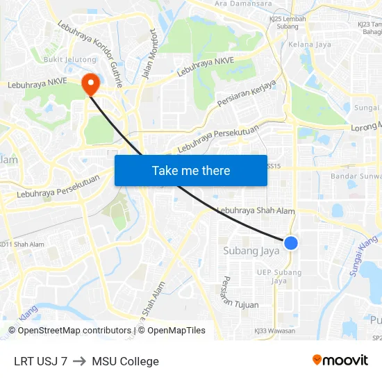 LRT USJ 7 to MSU College map