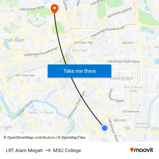 LRT Alam Megah to MSU College map