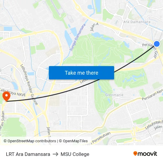LRT Ara Damansara to MSU College map