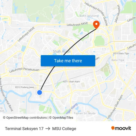 Terminal Seksyen 17 to MSU College map