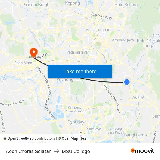 Aeon Cheras Selatan to MSU College map