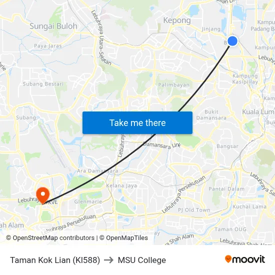 Taman Kok Lian (Kl588) to MSU College map
