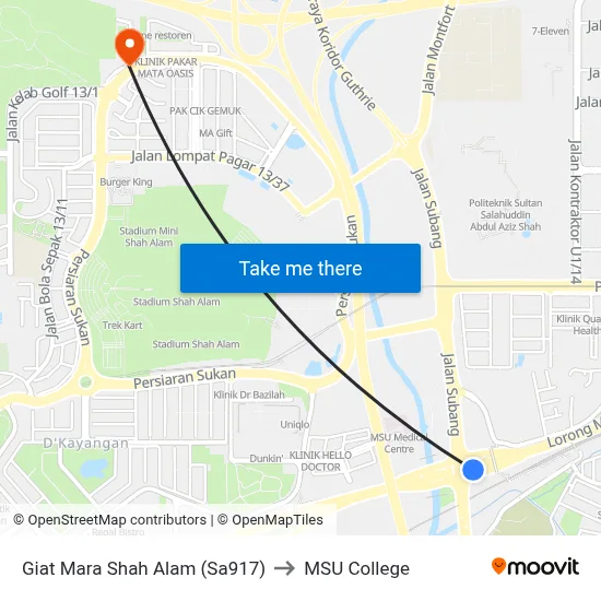 Giat Mara Shah Alam (Sa917) to MSU College map