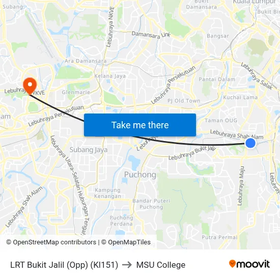 LRT Bukit Jalil (Opp) (Kl151) to MSU College map